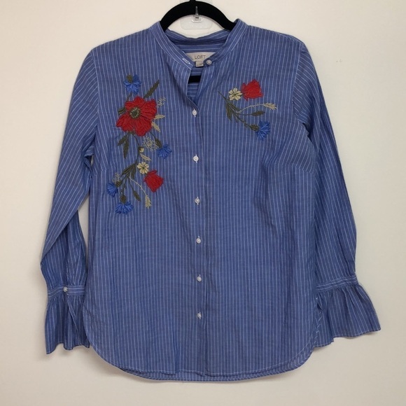 Loft Button Down Striped Floral Embroidered Shirt Blue Small - Picture 2 of 7